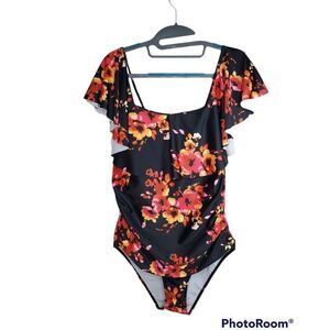 Bright Floral Black Ruffle Sleeve Off the Shoulder One Piece Ruched Swimsuit